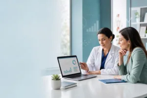 Marketing medical etic: medic și specialist analizează date de campanie